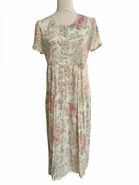 Vintage Plum Floral Prairie Maxi Dress 12P Pearl Button Cottagecore 80s 90s